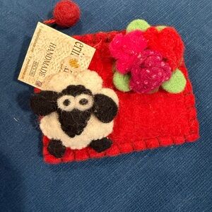 Handmade Red Felt Coin Purse with Sheep & Flower